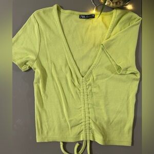 Zara Light Green Ribbed Drawstring Blouse